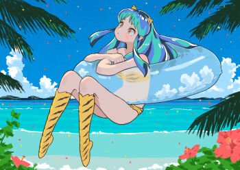 1girl absurdres animal_print bare_shoulders bikini blue_hair blue_sky blush boots bush cloud confetti crossed_arms day floating floating_hair flower full_body green_hair hibiscus highres horizon horns knee_boots knees_up looking_up lum mashiro_ka multicolored_hair ocean orange_eyes outdoors palm_tree print_bikini print_boots red_flower sidelocks sky solo strapless strapless_bikini summer swim_ring swimsuit tiger_print tree urusei_yatsura waves wide-eyed