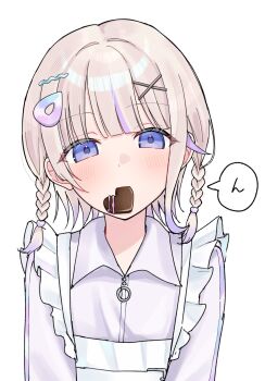 Rule 34 | 1girl, apron, blonde hair, braid, candy, chocolate, chocolate heart, commentary, food, food in mouth, hair ornament, heart, heart-shaped food, highres, hololive, hololive dev is, looking at viewer, maid apron, o2mwnb9, purple eyes, purple hair, short hair, simple background, solo, speech bubble, todoroki hajime, twin braids, untranslatable commentary, virtual youtuber, white apron, white background, x hair ornament