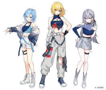 Rule 34 | 3girls, :d, ahoge, arms up, asymmetrical bangs, belt, black collar, blonde hair, blue eyes, blue hair, blue shirt, blue shoes, blue sleeves, blue tank top, boots, braid, braided bangs, breasts, cargo pants, cleavage cutout, closed mouth, clothing cutout, collar, colored tips, commentary, company name, copyright notice, crop top, cropped shirt, detached sleeves, english commentary, full body, grey hair, grey shrug, grey skirt, hair ornament, hairclip, halter shirt, halterneck, high tops, holoh3roes, hololive, hololive indonesia, jacket, jewelry, kaela kovalskia, kobo kanaeru, lace-up boots, layered skirt, leg cutout, lineup, long hair, looking at viewer, medium breasts, medium hair, midriff, miniskirt, multicolored hair, multiple girls, nail polish, navel, necklace, o-ring, o-ring thigh strap, official alternate costume, official alternate hairstyle, official art, one side up, open mouth, pants, puunyannyan, red eyes, red nails, shirt, shoes, short hair, shorts, shoulder cutout, shrug (clothing), simple background, single detached sleeve, single wrist cuff, skirt, sleeveless, sleeveless shirt, sleeves past fingers, sleeves past wrists, smile, sneakers, standing, swept bangs, tank top, teeth, thigh strap, turtleneck, two-tone hair, v, vestia zeta, virtual youtuber, white belt, white boots, white hair, white pants, white shorts, white tank top, wrist cuffs