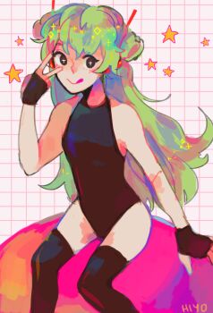 +_+ 1girl :q art_trade black_eyes black_gloves black_leotard black_thighhighs blush commentary english_commentary fingerless_gloves gloves green_hair grid_background gumi headset highres leotard long_hair routexx sitting smile solo star_(symbol) thighhighs tongue tongue_out v vocaloid