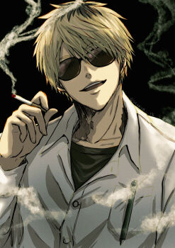 1boy black_background black_hair black_shirt blonde_hair buttons cigarette collared_shirt highres hikaru_ga_shinda_natsu holding holding_cigarette male_focus multicolored_hair object_in_pocket open_mouth pen_in_pocket pocket roots_(hair) sasaya shirt short_hair simple_background smoking solo sunglasses tanaka_(hikaru_ga_shinda_natsu) teeth two-tone_hair upper_body white_shirt