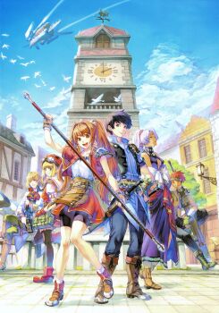 3boys 3girls absurdres agate_crosner aircraft bike_shorts bird black_hair blonde_hair boots brown_hair clock clock_tower crossed_legs day eiyuu_densetsu estelle_bright goggles goggles_on_head hat headband high_ponytail highres holding holding_polearm holding_weapon joshua_bright long_hair multiple_boys multiple_girls non-web_source official_art olivert_reise_arnor open_mouth outdoors polearm ponytail purple_hair red_hair sandals scan scherazard_harvey sheath sheathed short_hair sitting smile sora_no_kiseki standing sword tita_russell tower town weapon
