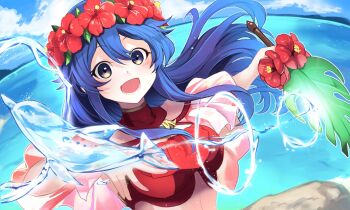 1girl bikini blue_eyes blue_hair blush breasts female_focus fire_emblem fire_emblem:_the_binding_blade fire_emblem_heroes flower headband highres lilina_(fire_emblem) lilina_(summer)_(fire_emblem) long_hair looking_at_viewer nakabayashi_zun navel nintendo open_mouth simple_background solo swimsuit water