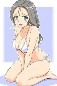 1girl bikini blush breasts cleavage collarbone commentary_request freckles girls_und_panzer green_eyes grey_hair highres large_breasts long_hair looking_at_viewer open_mouth piyotan_(girls_und_panzer) renshiu side-tie_bikini_bottom simple_background smile solo swimsuit white_bikini