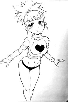 Rule 34 | 1girl, blush, breasts, broken heart, broken heart print, digimon, digimon tamers, gssaturday, hair ornament, hairpin, heart, heart print, highres, long hair, looking at viewer, makino ruki, midriff, monochrome, navel, open mouth, panties, ponytail, print shirt, raglan sleeves, shirt, short sleeves, small breasts, standing, traditional media, underwear, wristband