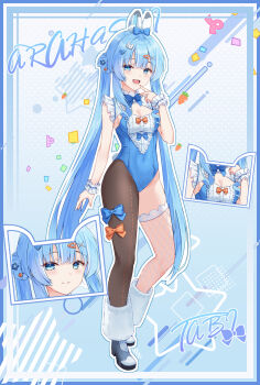 Rule 34 | 1girl, animal ears, arahashi tabi, blue bow, blue bowtie, blue eyes, blue hair, blue leotard, bow, bowtie, breasts, brown pantyhose, carrot, character name, cleavage, closed mouth, collar, confetti, covered navel, detached collar, fishnet thighhighs, fishnets, flower, frilled wrist cuffs, frills, full body, grey shoes, hair bow, hair bun, hair flower, hair ornament, hashtag-only commentary, heart, heart hair ornament, highres, leg bow, leotard, long hair, open mouth, orange bow, orange bowtie, pantyhose, polka dot, polka dot background, rabbit ears, rabbit tail, rieatco, shoes, sidelocks, single leg pantyhose, single thighhigh, small breasts, solo, star (symbol), stellive, tail, thighhighs, triangle hair ornament, twintails, very long hair, virtual youtuber, white collar, white thighhighs, white wrist cuffs, wrist cuffs, x hair ornament