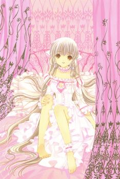 1girl absurdres blonde_hair brown_eyes chii chobits clamp clamp_(circle) cleavage_cutout clothing_cutout dress frilled_dress frills highres lolita_fashion long_hair off-shoulder_dress off_shoulder official_art pink_theme sitting solo traditional_media very_long_hair