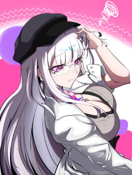 1girl absurdres breasts chinese_commentary cleavage commentary_request glasses grey_hair hand_in_own_hair highres honkai:_star_rail honkai_(series) jacket jonerbin2_42 large_breasts long_hair nihilux_(honkai:_star_rail) pink_background purple_eyes solo very_long_hair white_hair white_jacket
