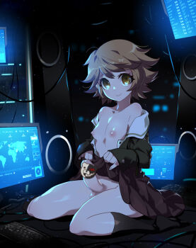 10s 1boy ahoge alicecrazy androgynous animal_print bear_print black_socks brown_eyes brown_hair brown_skirt cable censored character_censor closed_mouth clothes_lift collarbone computer danganronpa:_trigger_happy_havoc danganronpa_(series) dark erection fujisaki_chihiro full_body glowing head_tilt keyboard kneehighs light lips long_sleeves looking_at_viewer male_focus matching_hair/eyes monitor monokuma nipples novelty_censor panties penis pinky_out pleated_skirt puffy_male_chest screen screen_light shiny_skin sitting skirt skirt_lift smile socks solo tareme testicles text_focus thighs trap underwear wariza white_panties wire