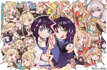 ? absurdres anger_vein animal_ears arrow_(symbol) baby belt_collar black_hair blonde_hair blue_eyes blush chibi chinese_commentary cho_kaguya-hime! closed_eyes collar commentary_request crescent crescent_hair_ornament crying eyeliner flying_sweatdrops forehead_jewel fox_ears fushi_(cho_kaguya-hime!) green_eyes hair_ornament hair_rings hair_stick headphones highres holding holding_hands holding_weapon inudoge kaguya_(cho_kaguya-hime!) llllwewewe long_hair lop_rabbit_ears makeup multicolored_hair multiple_girls nail_polish pout rabbit_ears red_eyeliner red_eyes runami_yachiyo sakayori_iroha school_uniform short_hair smile twintails two-tone_hair very_long_hair weapon white_hair