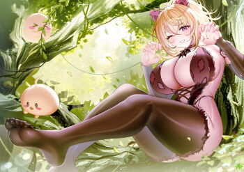 1girl absurdres armpits azur_lane black_thighhighs blonde_hair blush breasts commentary dead_or_alive dead_or_alive_xtreme dead_or_alive_xtreme_venus_vacation feet hands_up highres large_breasts leaf long_hair long_sleeves looking_at_viewer manjuu_(azur_lane) one_eye_closed outdoors parted_lips ponytail purple_eyes sitting smile soles solo tansuan_(ensj3875) thighhighs thighs tree yukino_(charming_beast)_(doa) yukino_(doa)