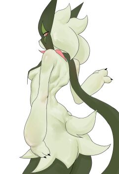 1girl absurdres animal_hands animal_nose ass back back_muscles black_fur body_fur breasts chinese_commentary claws commentary_request covered_erect_nipples from_behind furry furry_female green_fur green_hair half-closed_eyes hand_up highres looking_at_viewer mask meowscarada nintendo pink_eyes pokemon pokemon_(creature) short_hair short_tail simple_background solo standing tail two-tone_fur zbzone