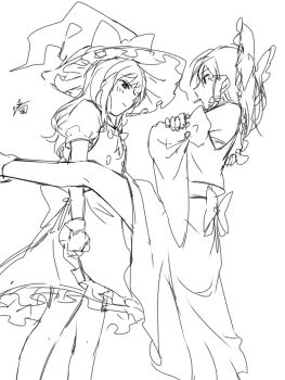 2girls aihara-rina apron blush bow braid chinese_commentary cigarette commentary_request crossed_arms fingerless_gloves foot_kabedon frilled_bow frilled_hair_tubes frills gloves hair_bow hair_tubes hakurei_reimu hat hat_bow highres kabedon kirisame_marisa long_hair multiple_girls side_braid single_braid sketch smoking touhou waist_apron witch_hat