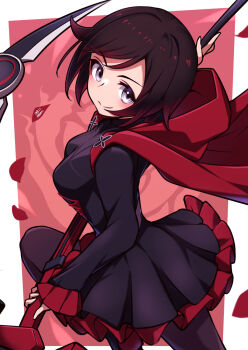 1girl black_pantyhose blush breasts cape closed_mouth crescent_rose dress grey_eyes highres holding holding_scythe holding_weapon looking_at_viewer medium_breasts pantyhose red_cape red_hair ruby_rose rwby scythe short_hair smile solo umenodo weapon