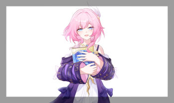 1girl absurdres blue_eyes book chinese_commentary chuideng commentary_request cyrene_(aedes_elysiae)_(honkai:_star_rail) cyrene_(honkai:_star_rail) dress highres holding holding_book honkai:_star_rail honkai_(series) jacket looking_at_viewer open_mouth pink_hair purple_jacket smile solo white_dress