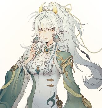 1girl absurdres braid china_dress chinese_clothes commentary crescent crescent_hair_ornament dress earrings english_commentary fur-trimmed_collar fur-trimmed_sleeves fur_trim genshin_impact grey_hair hair_ornament highres jewelry long_hair looking_to_the_side multicolored_hair naberhine ponytail single_braid solo streaked_hair upper_body white_dress wide_sleeves yellow_eyes zibai_(genshin_impact)