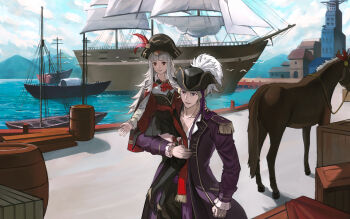 1boy 1girl barrel blonde_hair blue_sky boots cloud commentary_request crate day fire_emblem fire_emblem_fates fire_emblem_heroes grey_hair hat high_heels highres horse imageprogram_(kent) long_hair long_sleeves nintendo open_mouth outdoors pirate_costume pirate_hat red_eyes revision ship short_hair sky thigh_boots thighhighs veronica_(fire_emblem) veronica_(pirate)_(fire_emblem) water watercraft xander_(fire_emblem) xander_(pirate)_(fire_emblem)