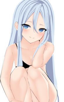 Rule 34 | 1girl, absurdres, bare shoulders, bikini, black bikini, blue eyes, blush, breasts, closed mouth, commentary request, hair between eyes, highres, long hair, looking at viewer, maou1561, project sekai, sketch, small breasts, smile, swimsuit, very long hair, white background, white hair, yoisaki kanade