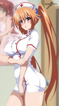 1girl absurdres arm_under_breasts blurry blurry_background blush breasts commentary dress english_commentary hat high_school_dxd highres indexryo indoors large_breasts long_hair looking_at_viewer nurse nurse_cap orange_hair purple_eyes shidou_irina short_sleeves solo twintails very_long_hair white_dress