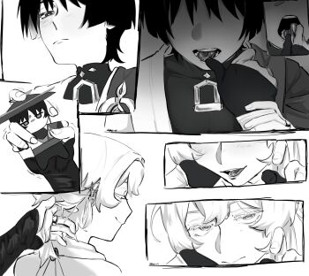 1boy 1girl blunt_ends bodysuit cape character_doll closed_eyes closed_mouth couple covered_collarbone doll earrings eyelashes facing_away fingernails genshin_impact glint gloves greyscale half-closed_eyes hetero highres holding holding_another&#039;s_wrist holding_doll japanese_clothes jewelry kimono looking_at_viewer looking_down lumine_(genshin_impact) mandarin_collar middle_ring monochrome obscured_eyes open_mouth partially_fingerless_gloves scaramouche_(genshin_impact) smile squinting teeth tongue tongue_grab tongue_out vision_(genshin_impact) wanderer_(genshin_impact) zac-n