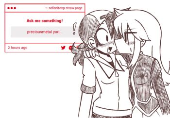 ! 2girls backwards_hat baseball_cap breasts closed_mouth ethan_(pokemon) fang genderswap genderswap_(mtf) greyscale hat jacket kiss long_hair looking_at_another medium_hair monochrome multicolored_hat multiple_girls nintendo open_mouth pokemon pokemon_hgss short-sleeved_jacket short_sleeves silver_(pokemon) small_breasts sofo_soup strawpage sweatdrop yuri zipper_pull_tab