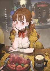 Rule 34 | 1girl, absurdres, bottle, breasts, brown hair, choker, cleavage, commentary request, cup, food, fork, hand on own face, highres, jun (navigavi), knife, leaning forward, long hair, looking at another, meat, medium breasts, mug, orange eyes, original, ponytail, potato, red ribbon, ribbon, sausage, solo, table, translation request, wooden table, wrist cuffs