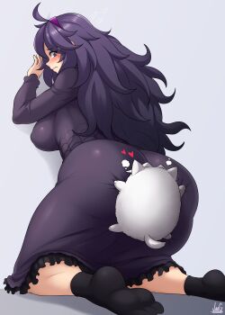1girl 1other @_@ absurdres against_wall alternate_breast_size_(larger) ass ass_focus black_socks blush breasts commentary commissioner_insert deep_skin dog dress embarrassed english_commentary face_in_ass female_focus grabbing_another&#039;s_ass groping heart hex_maniac_(pokemon) hex_maniac_(pokemon_xy) highres jmg kneeling large_breasts long_dress long_hair looking_back nintendo on_wall original plump pokemon pokemon_xy purple_dress purple_hair socks solo