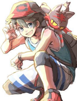 Rule 34 | 1boy, arm up, backpack, bag, bare shoulders, black hair, blue eyes, blue tank top, bucket hat, claw pose, commentary request, elbow on knee, elio (pokemon), gen 7 pokemon, hair between eyes, hat, highres, kaki jam03, kneeling, litten, male focus, multicolored cat, multicolored fur, nintendo, on shoulder, open mouth, pokemon, pokemon (creature), pokemon on shoulder, pokemon usum, shoes, short hair, shorts, simple background, smile, sneakers, solo, tank top, watch, white background, wristwatch, yellow eyes