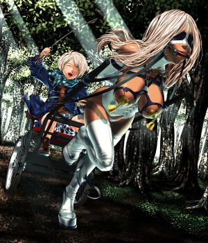 1boy 1girl :d ^_^ age_difference arms_behind_back ats_(ats2nd) bdsm bell bit_gag blindfold blue_jacket bondage boots bound breasts brown_footwear buckle carriage cart checkered_clothes checkered_scarf closed_eyes corset dark-skinned_female dark_skin elbow_gloves forest gag gagged gloves hanging_breasts harness holding holding_riding_crop horse_girl jacket jewelry large_breasts light_brown_hair light_rays long_hair long_sleeves nature necklace nipple_bells nipple_piercing no_pants onee-shota open_clothes open_jacket open_mouth original outdoors parted_bangs path pendant pet_play piercing pony_play posture_collar restrained riding riding_crop road sadism scarf shoes shorts shota slave smile strapless_bottom sunbeam sunlight thigh_boots thighhighs walking whip white_footwear white_gloves white_hair white_thighhighs women_livestock