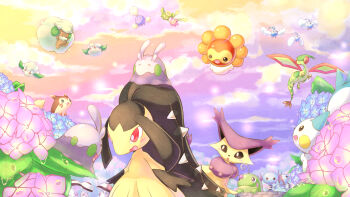 blue_flower blush castform castform_(sunny) cloud commentary_request cottonee delcatty flower flygon flying furret gen_2_pokemon gen_3_pokemon gen_4_pokemon gen_5_pokemon gen_6_pokemon goomy highres hoppip hydrangea jumpluff mawile nintendo no_humans on_head open_mouth outdoors pachirisu pokemon pokemon_(creature) pokemon_on_head politoed purple_flower putto red_eyes skiploom sky swablu water_drop whimsicott wooper