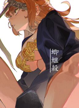 1girl breasts e.g.o_(project_moon) freckles from_below highres hundred-footed_death_maggot_(e.g.o) ishmael_(project_moon) limbus_company long_hair long_sleeves naked_robe ofuda ofuda_on_nipples open_clothes open_robe orange_hair pasties project_moon robe talisman yongsadragon