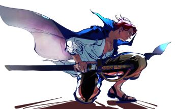 Rule 34 | 1boy, beard stubble, black cape, cape, closed mouth, facial hair, floating clothes, full body, highres, holding, holding sword, holding weapon, male focus, on one knee, one piece, red hair, sandals, shanks (one piece), shirt, short hair, solo, stubble, sword, weapon, white shirt, yuan jessie0430
