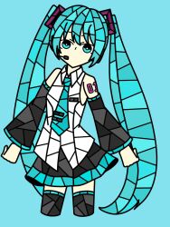 Rule 34 | 1girl, aqua background, aqua eyes, aqua hair, aqua necktie, bare shoulders, black skirt, black sleeves, black thighhighs, breasts, bright pupils, collared shirt, commentary, cropped legs, detached sleeves, hatsune miku, headphones, headset, highres, long hair, microphone, miku day, necktie, no mouth, number tattoo, shirt, simple background, skirt, sleeveless, sleeveless shirt, small breasts, solo, stained glass, standing, tattoo, thighhighs, twintails, very long hair, vocaloid, wantanno88366, white pupils, zettai ryouiki