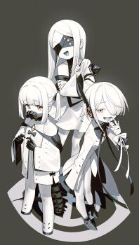 3girls absurdres black_background black_bow blindfold blue_archive bow colored_skin constant_qiu covered_eyes ein_(blue_archive) extra_pupils headphones highres long_hair long_sleeves mask mechanical_tail mouth_mask multiple_girls ohr_(blue_archive) open_mouth short_hair sof_(blue_archive) standing symbol-shaped_pupils tail triplets white_bow white_hair white_skin wide_sleeves x-shaped_pupils yellow_eyes