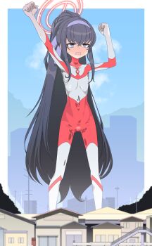 Rule 34 | 1girl, arms up, bags under eyes, black hair, blue archive, blue sky, blurry, blush, bodysuit, border, building, city, cityscape, clenched hands, closed mouth, collarbone, color timer, commentary, commission, cosplay, covered navel, crossed bangs, d:, day, depth of field, english commentary, feet out of frame, flat chest, full-face blush, furrowed brow, giant, giantess, gluteal fold, hair between eyes, hairband, halo, highres, house, jitome, legs apart, long hair, looking at viewer, mixed-language commentary, mojyo, multicolored bodysuit, open mouth, outdoors, pixiv commission, ponytail, power lines, purple eyes, purple hairband, railing, red bodysuit, red halo, saga inu, silver bodysuit, skin tight, skinny, sky, solo, standing, steaming body, sweat, sweaty clothes, tearing up, tears, tokusatsu, two-tone bodysuit, ui (blue archive), ultra series, ultraman, ultraman (1st series), ultraman (cosplay), very long hair, very sweaty, white border