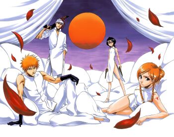 00s 2007 2boys 2girls abarai_renji alternate_hairstyle alternate_weapon arm_support bandana bare_shoulders black_gloves black_hair bleach braid breasts china_dress chinese_clothes curtains dress dual_wielding facial_tattoo gloves gun hair_between_eyes hair_bun hair_ornament hair_up hairclip hand_in_pocket handgun high_heels high_ponytail highres holding holding_weapon inoue_orihime kubo_tite kuchiki_rukia kurosaki_ichigo large_breasts long_legs lying multiple_boys multiple_girls official_art on_side orange_eyes orange_hair over_shoulder pants parted_lips petals ponytail red_hair revolver second-party_source shoes short_dress short_hair short_hair_with_long_locks shotgun side_slit single_hair_bun sitting sleeves_rolled_up small_breasts spiked_hair standing swept_bangs tattoo toned turtleneck twin_braids weapon weapon_over_shoulder