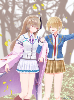 2girls :d absurdres alternate_costume arm_at_side arm_hug artist_name asahinahanokai autumn autumn_leaves blonde_hair blue_jacket blunt_bangs blurry blurry_background blush braid brown_hair brown_skirt closed_mouth collared_shirt cosplay costume_switch crown_braid day depth_of_field eyelashes eyes_visible_through_hair falling_leaves falling_petals feet_out_of_frame forest fox_mask frilled_skirt frills grey_hair hair_between_eyes hair_ornament hair_over_one_eye hair_ribbon hairclip haori happy heaven_burns_red highres jacket japanese_clothes kayamori_ruka kimono kiryuu_miya kneehighs leaf long_hair long_sleeves looking_at_another mask mask_on_head miniskirt multiple_girls nature neck_ribbon necktie one_eye_covered open_clothes open_jacket open_mouth outdoors petals pink_kimono plaid_clothes plaid_skirt pleated_skirt purple_ribbon red_eyes red_necktie ribbon school_uniform shirt short_hair side-by-side sidelocks skirt smile socks standing straight_hair teeth tree very_long_hair white_jacket white_shirt white_skirt wide_sleeves yuri