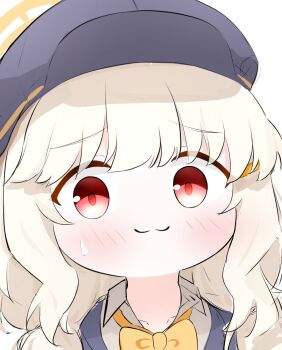 1girl :3 aoba_(blue_archive) blonde_hair blue_archive blue_hat blue_jacket blush bow bow_camisole bowtie camisole closed_mouth collared_shirt commentary fluffy_hair halo hat highres hike810 jacket long_hair looking_at_viewer low_twintails mutsuki_face_(blue_archive) newsboy_cap orange_halo peaked_cap red_eyes shirt simple_background solo sweatdrop twintails upper_body white_background white_camisole yellow_bow yellow_bowtie yellow_halo