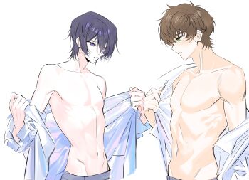 Rule 34 | 2boys, blue hair, brown hair, code geass, collarbone, cowboy shot, green eyes, groin, hair between eyes, kururugi suzaku, lelouch vi britannia, long sleeves, m95547704, male focus, multiple boys, parted lips, pectorals, profile, purple eyes, shirt, short hair, simple background, skinny, undressing, white background, white shirt