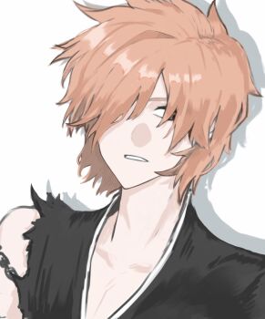 black_kimono bleach brown_eyes chain chain_around_arm floating_hair hahaha_o_o1 hair_over_eyes highres japanese_clothes kimono kurosaki_ichigo looking_to_the_side official_alternate_hairstyle orange_hair shihakusho simple_background torn_clothes white_background