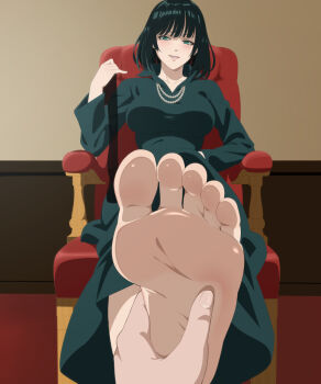 1boy 1girl barefoot blush breasts feet foot_focus fubuki_(one-punch_man) green_eyes green_hair male_hand one-punch_man open_mouth toes zorzero