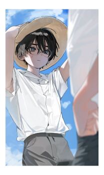 2boys adjusting_clothes adjusting_headwear armpits arms_up black_hair black_pants blue_eyes blue_sky blurry blurry_foreground blush closed_mouth cloud collared_shirt cowboy_shot day embarrassed glasses grey_pants hair_between_eyes hand_on_headwear hands_on_headwear hat highres male_focus ml_rmi multiple_boys original out_of_frame outdoors pants shirt shirt_tucked_in short_hair short_sleeves sky solo_focus straw_hat sun_hat sweat sweatdrop thick_eyebrows white_shirt