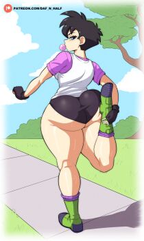 1girl ass ass_focus bike_shorts black_hair black_shorts blue_eyes breasts chewing_gum daf_n_half dragon_ball female_focus full_body gloves highres huge_ass leg_up legs looking_back medium_breasts one_leg_raised presenting shoes short_hair short_shorts shorts solo sportswear sweat tank_top videl