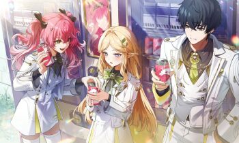 +_+ 1boy 2girls alternate_costume black_bow black_hair blonde_hair bow bowtie breasts can cartethyia_(wuthering_waves) commentary_request datsha dress drink_can green_bow green_bowtie hair_between_eyes hair_bow hair_intakes hair_ornament hairclip hand_in_pocket holding holding_can jacket looking_at_another lupa_(wuthering_waves) male_rover_(wuthering_waves) medium_breasts multiple_girls multiple_hair_bows open_mouth parallel_hairclips pink_hair pointy_ears rover_(wuthering_waves) school_uniform sidelocks smile twintails white_dress white_jacket wuthering_waves yellow_eyes