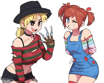 2girls a_nightmare_on_elm_street absurdres bare_shoulders bishoujo_terror black_choker blonde_hair blue_eyes bow breasts bright_pupils brown_eyes brown_hair child&#039;s_play choker chucky chucky_(kotobukiya_bishoujo) cleavage dashi_(dashiart) freddy_krueger freddy_krueger_(bishoujo_terror) genderswap genderswap_(mtf) grin hair_bow hat highres holding holding_knife knife kotobukiya_bishoujo medium_breasts micro_shorts multiple_girls one_eye_closed open_mouth overalls ponytail red_bow shirt shorts simple_background small_breasts smile torn_clothes twintails white_background white_pupils