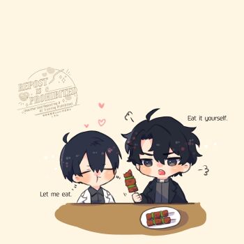 2boys ahoge black_coat black_eyes black_hair black_shirt chewing chibi chibi_only closed_eyes coat curtained_hair dango double-parted_bangs eating english_text food hair_between_eyes heart highres holding holding_food kim_dokja kimidori_22 male_focus multiple_boys omniscient_reader&#039;s_viewpoint open_clothes open_coat open_mouth popped_collar shirt short_hair upper_body wagashi white_coat yoo_joonghyuk