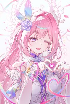 1girl cyrene_(honkai:_star_rail) dress earrings flower four-finger_heart_hands hair_flower hair_ornament hands_up hashtag-only_commentary hayun heart heart_hands highres honkai:_star_rail honkai_(series) jewelry long_hair looking_at_viewer one_eye_closed open_mouth pink_hair pointy_ears purple_eyes smile solo symbol-shaped_pupils very_long_hair white_dress