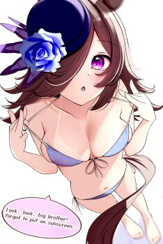 1girl absurdres alternate_costume animal_ears barefoot bikini blue_bikini blurry blush breasts brown_hair cleavage collarbone commentary english_commentary english_text flower hair_flower hair_ornament hair_over_one_eye hat highres horse_ears horse_girl horse_tail long_hair looking_at_viewer medium_breasts navel open_mouth ponta_(1859ysmssstsp) purple_eyes rice_shower_(umamusume) simple_background solo standing strap_pull swimsuit tail tan tanline umamusume white_background