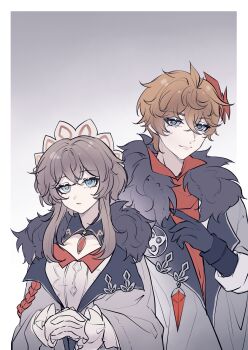 Rule 34 | 1boy, 1girl, absurdres, black gloves, blue eyes, bonnet, border, brown hair, chinese commentary, closed mouth, coat, commentary request, crossed bangs, fatui coat, fur-trimmed coat, fur trim, genshin impact, gloves, gradient background, grey background, grey coat, hair between eyes, highres, interlocked fingers, liuyun (liuyun73492), long sleeves, looking at viewer, mask, mask on head, orange hair, own hands together, red gloves, red mask, sandrone (genshin impact), short hair, short hair with long locks, tartaglia (genshin impact), upper body, white border