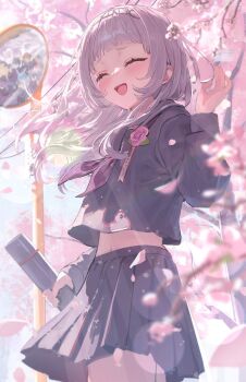 1girl 2nd_generation_(hololive) alternate_costume arched_bangs black_sailor_collar black_serafuku black_shirt black_skirt blush cherry_blossoms closed_eyes closed_mouth commentary_request crying day diploma diploma_tube falling_petals floating_hair graduation grey_hair hand_up highres holding holding_diploma hololive houshou_marine inugami_korone iruka3 long_hair long_sleeves midriff_peek miniskirt murasaki_shion nakiri_ayame navel neckerchief nekomata_okayu ookami_mio oozora_subaru outdoors petals pleated_skirt purple_neckerchief sailor_collar sakamata_chloe school_uniform serafuku shirt short_eyebrows skirt solo tearing_up traffic_mirror usada_pekora virtual_youtuber waving yuzuki_choco